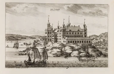 Castelo de Läckö do lado do lago Vänern. De «Suecia antiqua et hodierna»