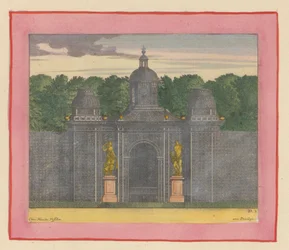 Pavillon aus Lattenwerk mit Musikerstatuen in den Gärten von Versailles