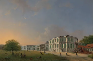 Vista frontal do Palácio Buitenzorg durante o terremoto de 10 de outubro de 1834 Vista frontal do Palácio de Buitenzorg após o terremoto de 10 de outubro de 1834