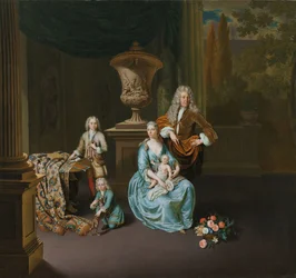 Diederik Baron van Leyden van Vlaardingen (1695-1764). Burgomaster de Leiden, com sua esposa Sophia Dina de Rovere e seus filhos Pieter, Jan e Adriaan Pompejus