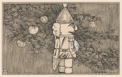 Quebra-nozes com capa de hussardo junto a uma árvore de Natal
