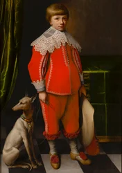 Retrato de um rapaz de oito anos com um Whippet num chão axadrezado