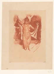 Mulher nua, em pé, a secar-se