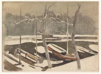 Barcos amarrados num canal coberto de neve