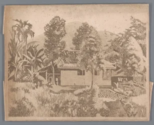 Casa com o vulcão Salak(?) ao fundo, Buitenzorg