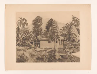 Casa em Bogor com uma montanha no fundo
Casa com o vulcão Salak(?) no fundo, Buitenzorg (título original)
