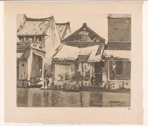 Casas ao longo de um rio em Batávia com uma mulher lavando roupas Casas no kali. À esquerda uma passagem entre as casas, onde se encontra uma depiladora, Batávia (título original)