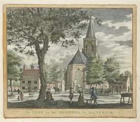 Igreja e tribunal em Hilversum em 1762 (antes do incêndio de 1766) A Igreja e o Regthuis em Hilversum (título no objeto)