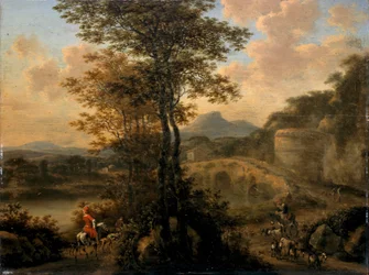 Paisagem do rio italiano com ponte de pedra, 1650