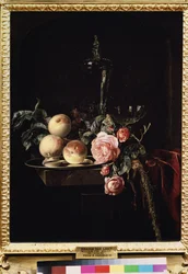 "Natureza morta de rosas e pêssegos" (Rosas e pêssegos) Pintura de Willem van Aelst (1625-c. 1683) 1659 Museu Pushkin, Moscovo