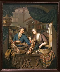 Vendedor de cebolas. Pintura de Willem van Mieris (1662-1747), óleo sobre madeira