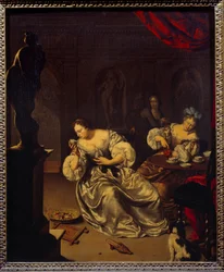 As mulheres da nobreza holandesa a tomar o chá. Pintura de Willem van Mieris (1662-1747) (ec.holl.) Sol do século XVIII. 0,42x0,34 m