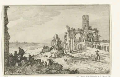 Ruínas com arcos e uma torre na beira-mar
Ruínas romanas e paisagens costeiras (série 1) (título da série)