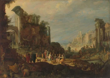 Viajantes entre ruínas romanas com Rebeca e Eliezer no poço, c.1602-1605 (óleo sobre cobre)