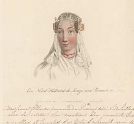Morada da cabeça de uma rapariga de Purmerend, 1816
A North Holland Girl from Purmerend / Une Jeune fille de purmerend - Province dela Nord-hollande avec sa calotte son manteau son ornament ses aiguilles et epingles d