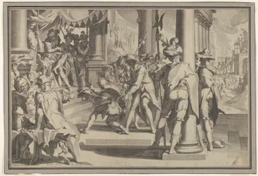Alegoria da Justiça Santidade da Lei com uma cena do tribunal retratando um homem sendo perdoado..., 1605.