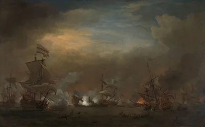 Encontro durante a Batalha de Kijkduin
Batalha do Mar entre Cornelis Tromp no Gouden Leeuw e Sir Edward Spragg no Príncipe Real durante a Batalha de Kijkduin (Batalha de Texel), 21 de Agosto de 1673: episódio da Terceira Guerra Anglo-Holandesa