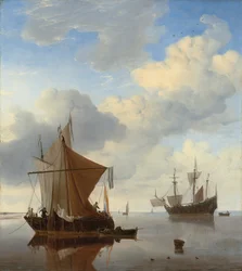 Uma calma - um smalschip e um kaag ancorado com uma guerra man-o "inglesa além