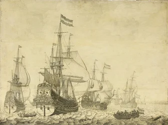 Seascape com homens-de-guerra holandeses, incluindo o Drenthe e o Príncipe Frederick-Henry, c.1670 (pintura no painel)