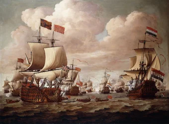 As frotas inglesa e neerlandesa trocando salvas no mar, com o «Prince» e o «Gouden Leeuw» em primeiro plano, 1684