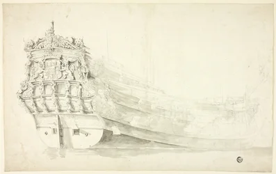 Navio holandês com proa ornamental visto de estibordo