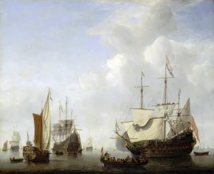 Um navio holandês a ancorar, provavelmente o do Príncipe Frederik Hendrik de Orange (1584-1647). Óleo sobre tela, cerca de 1658, de Willem van de Velde (1633-1707).