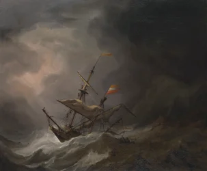 Uma brigantina mediterrânica à deriva numa costa rochosa durante uma tempestade, c.1700 (óleo sobre tela)