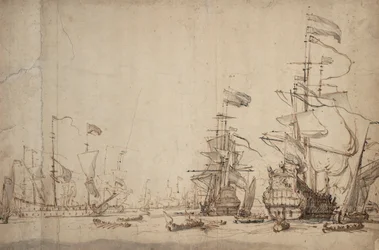 Um conselho de guerra na frota holandesa maio de 1665, c.1674 (caneta, tinta castanha, lavagem cinzenta)