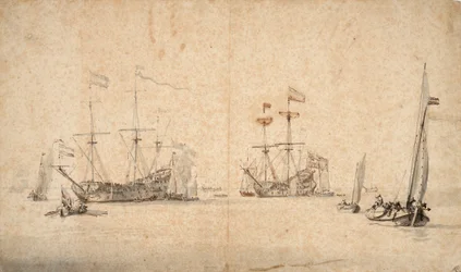 Um kaag a correr livremente e dois navios de bandeira holandeses ancorados, c.1665 (caneta, tinta castanha, lavagem cinzenta)