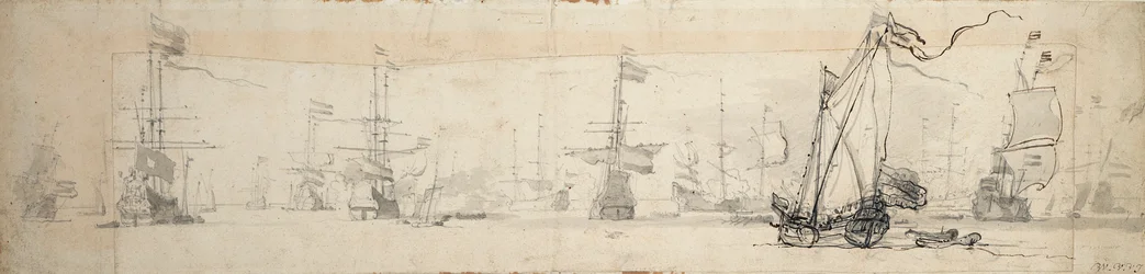 Um iate dos Estados à vela e navios ancorados, c.1665 (grafite, lavagem a cinzento)