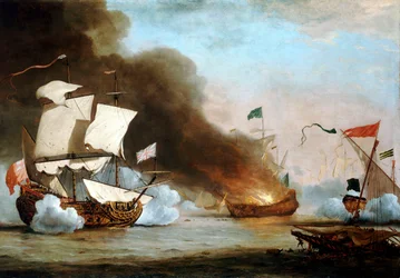 Um navio inglês em ação contra corsários da Barbária, cerca de 1680, c.1685 (óleo sobre tela)