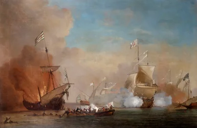 Piratas atacando um navio da Marinha Britânica, século XVII.