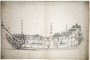 Retrato do navio "Triunfo" (ou "São Jorge"), 70 canhões, construído em 1623, com uma figura de proa representando Neptuno e dois cavalos-marinhos, com três conveses completos