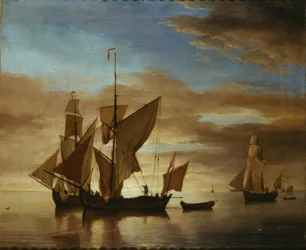 Navios num mar calmo à luz da noite