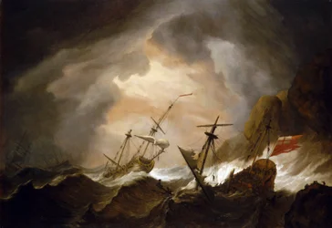Dois navios britânicos naufragam numa tempestade perto de uma costa rochosa. Óleo sobre tela, cerca de 1700, de Willem van de Velde (1633-1707).
