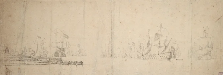 Uma frota holandesa a largar de um cais, c.1665 (grafite, lavagem a cinzento)