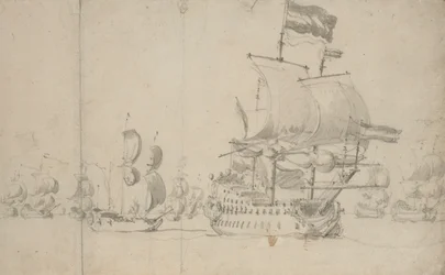 Um navio de bandeira holandês com um navio de expedição a seu bordo, maio de 1672, c.1672 (lápis, aguada)