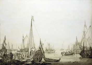 Uma variedade de navios num porto apinhado de gente, esta pintura está historicamente associada à viagem de Carlos II de Inglaterra (1630-1685) a Haia (Holanda) em 1660, durante a restauração do seu poder sobre o trono inglês