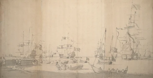 Um weyschuit a ser puxado para terra num porto cheio de gente, c.1672 (grafite)
