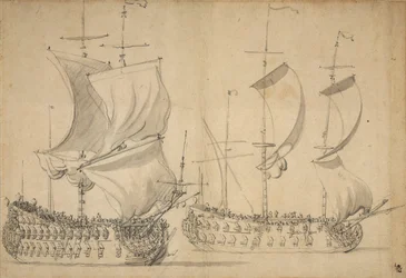 Uma embarcação inglesa de terceira e quarta classe com vela fácil, c.1677 (lápis, aguada)