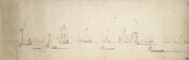 Navios holandeses ancorados ao largo da costa, c.1664 (grafite, lavagem a cinzento)