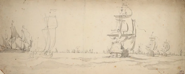 Navios holandeses a correr em direção à frota principal, maio 1672, c.1672 (grafite, lavagem a cinzento)