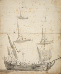 Retrato de um pequeno navio mercante neerlandês, c.1665 (grafite, lavagem a cinzento)