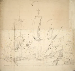 Retrato do navio "George" Navio de guerra comprado em 1672, 6 canhões, afundado para fundação em 1674, c.1673 (offset, giz preto)