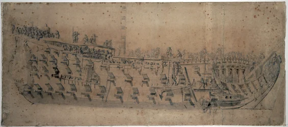 Retrato do navio "London", construído em 1670, um navio de primeira classe com 96 canhões. Desenho e têmpera por volta de 1676, por Willem van de Velde l