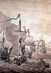 The Battle of the Sound entre as frotas holandesa e sueca, 8 de Novembro de 1658. Detalhe - Pintura a óleo e tinta