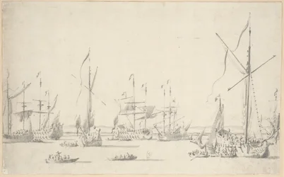 Os iates e os navios ancorados perto de Sheerness, c.1677 (grafite, lavagem a cinzento)