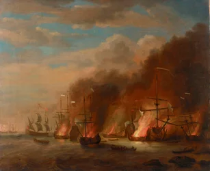 O incêndio do "Soleil Royal" na batalha de La Hogue, 23 de maio de 1692, finais do século XVII (óleo sobre tela)