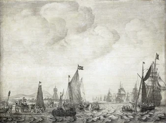 Navios de comércio para o Oriente e sua escolta, saindo de Vlie (ou Vliestroom), rota marítima entre as ilhas de Vlieland e Treschelling (Holanda), 9 de junho de 1645