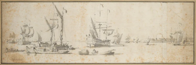 Dois dogueiros e um navio fundeado num porto, c.1681 (grafite, lavagem a cinzento)
